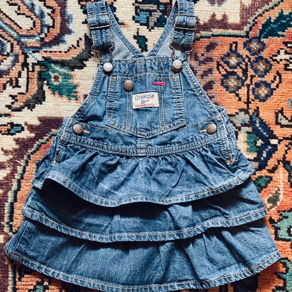 OshKosh B’Gosh Denim Vestbak Jumper 18Mo Girls Blue Denim Ruffle Cotton Overalls